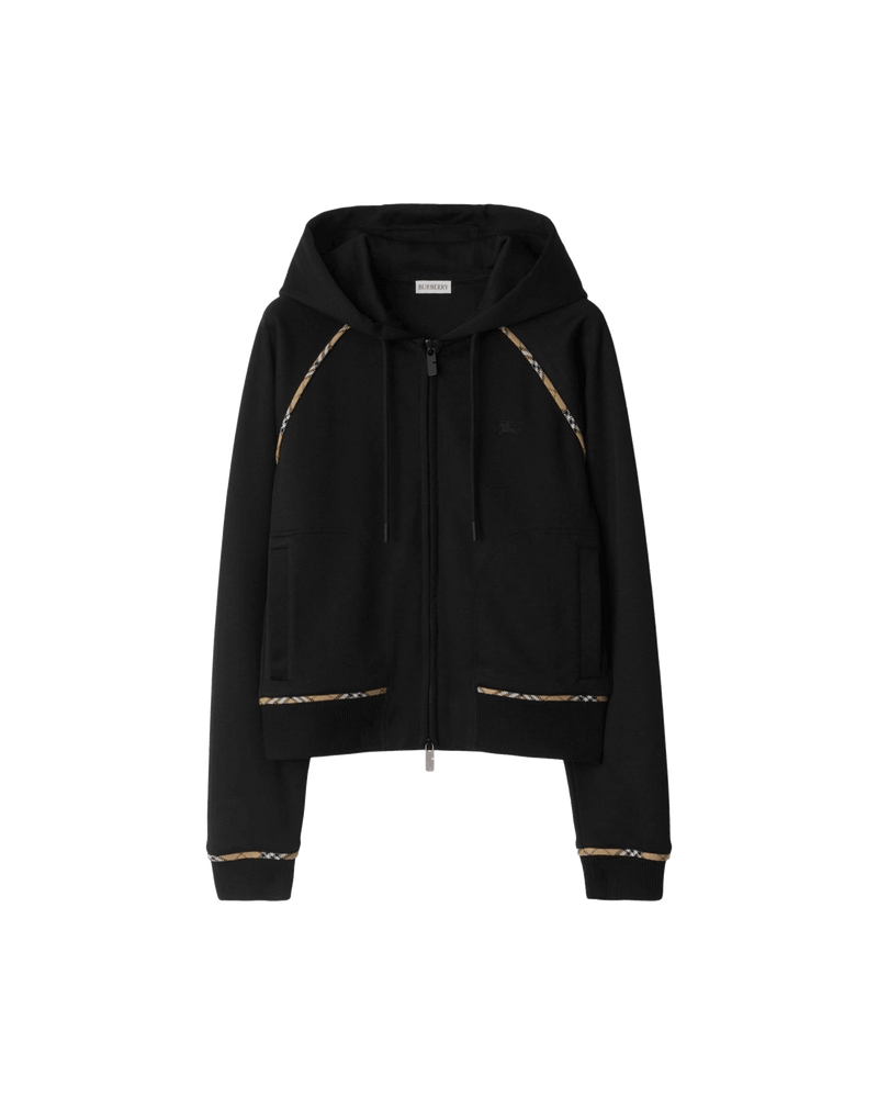 Burberry Cotton Blend Zip Up Hoodie With Check Trim Glam Steals
