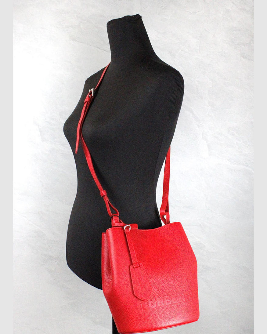 Burberry Lorne Small Pebbled Leather Bucket Crossbody Purse Red Bag Glam Steals