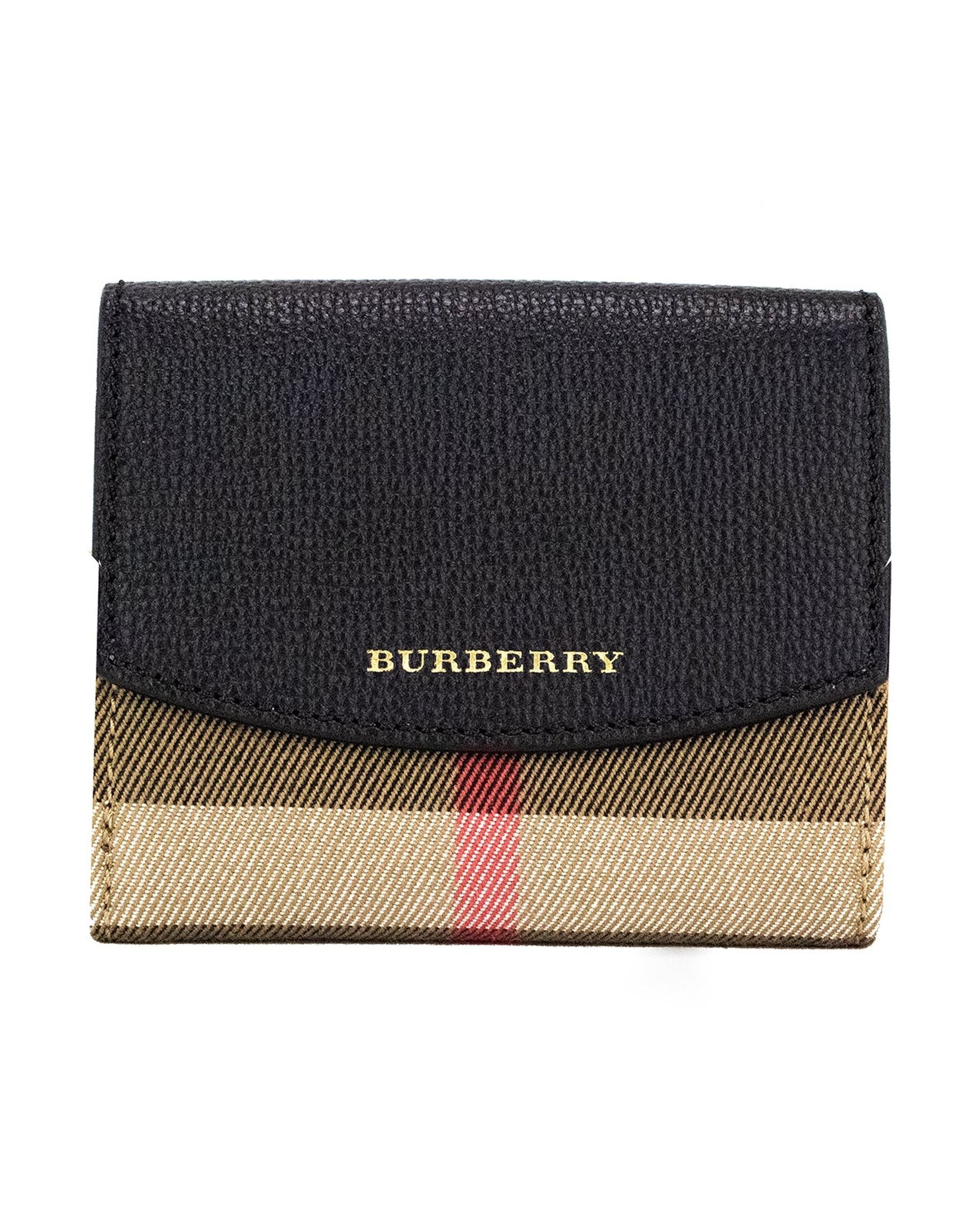Burberry Luna Grained Leather House Check Canvas Coin Pouch Snap Black Wallet Glam Steals