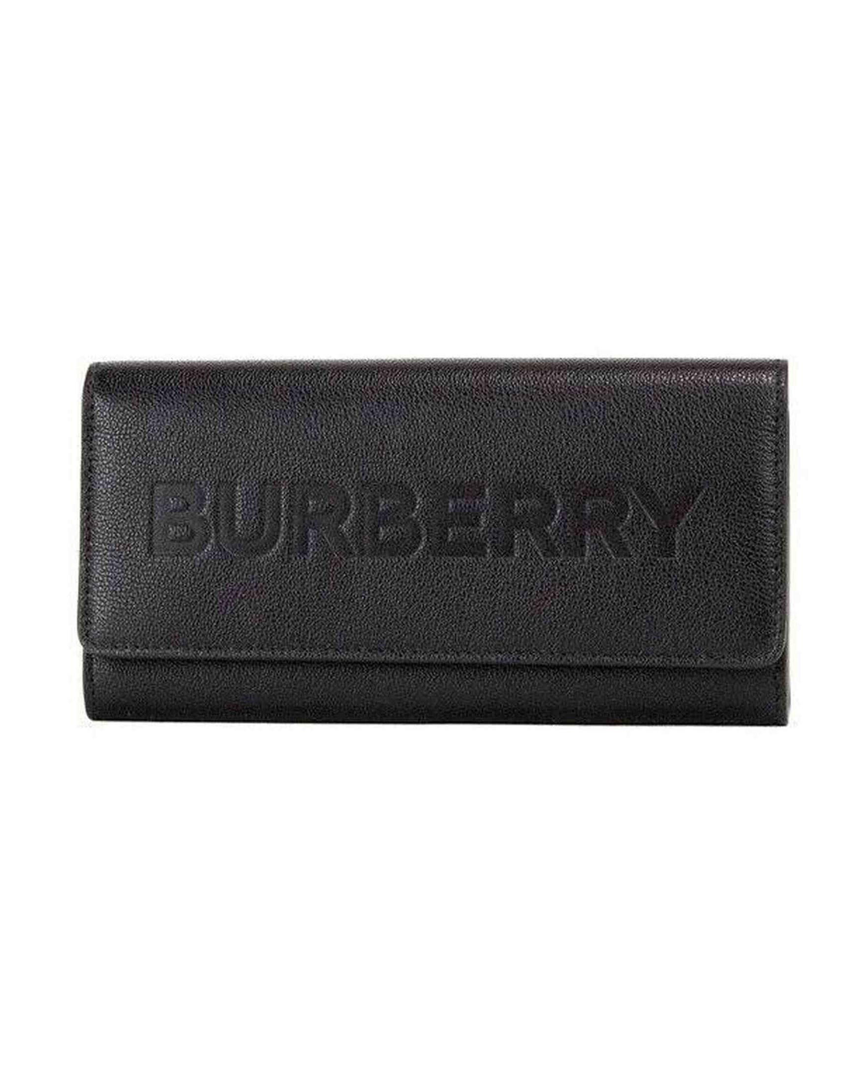 Burberry Porter Grained Leather Branded Logo Embossed Clutch Flap Black Wallet Glam Steals
