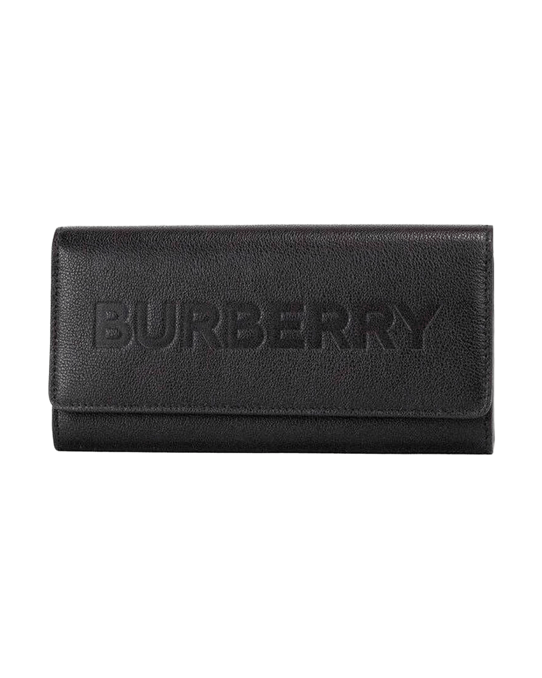 Burberry Porter Grained Leather Branded Logo Embossed Clutch Flap Black Wallet Glam Steals