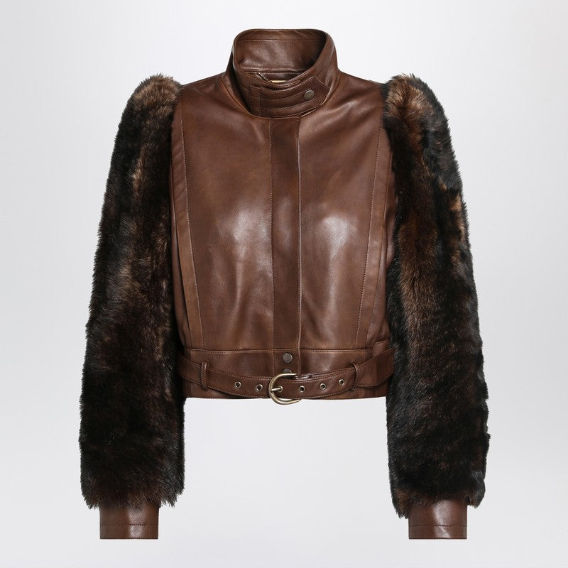 Chloé Brown Leather Cropped and Shearling Jacket Glam Steals