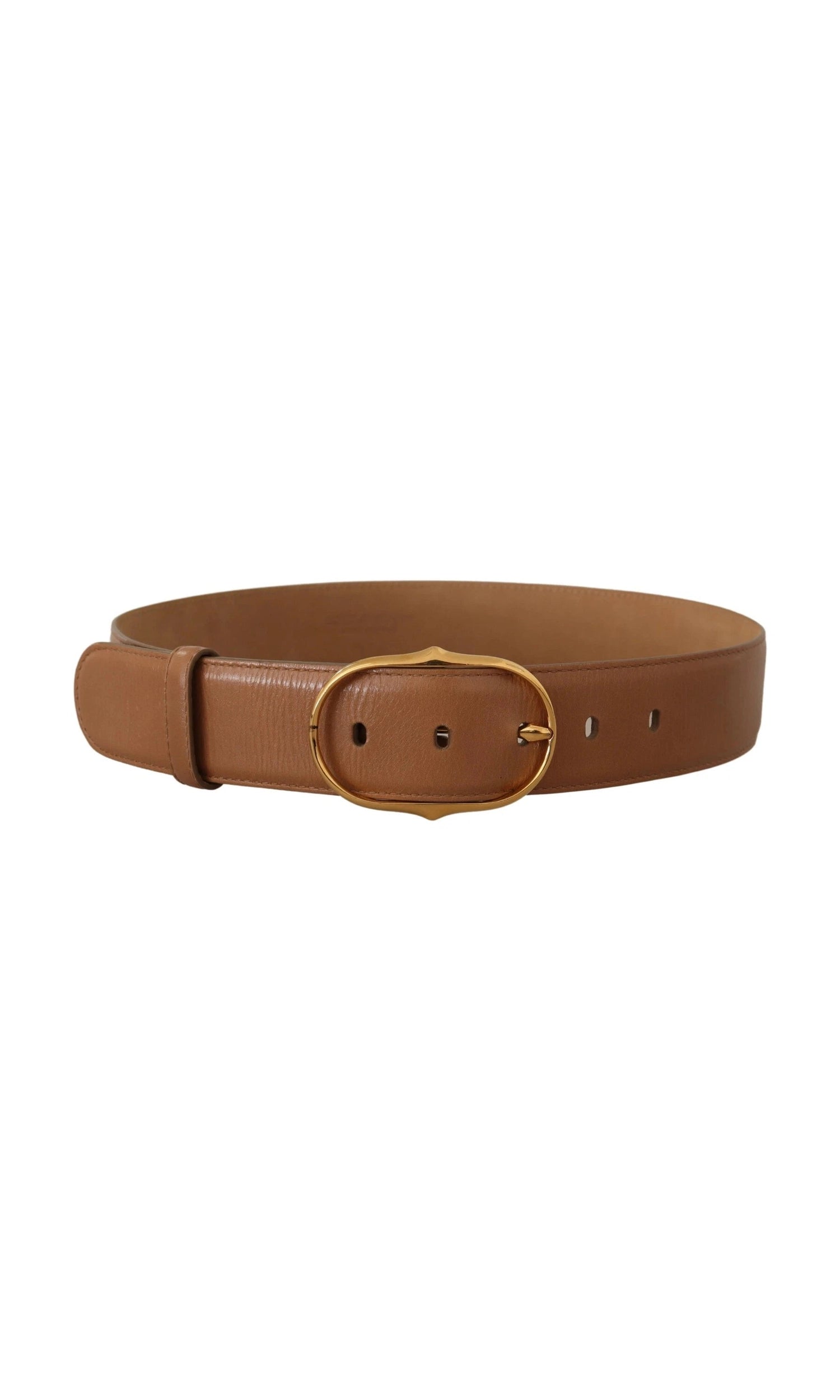 Costume National Brown Leather Gold Metal Oval Buckle Belt Glam Steals