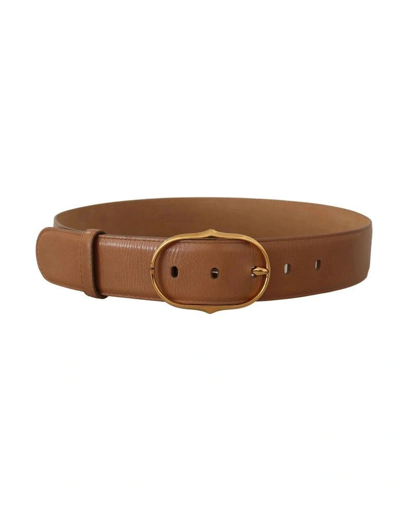 Costume National Brown Leather Gold Metal Oval Buckle Belt Glam Steals