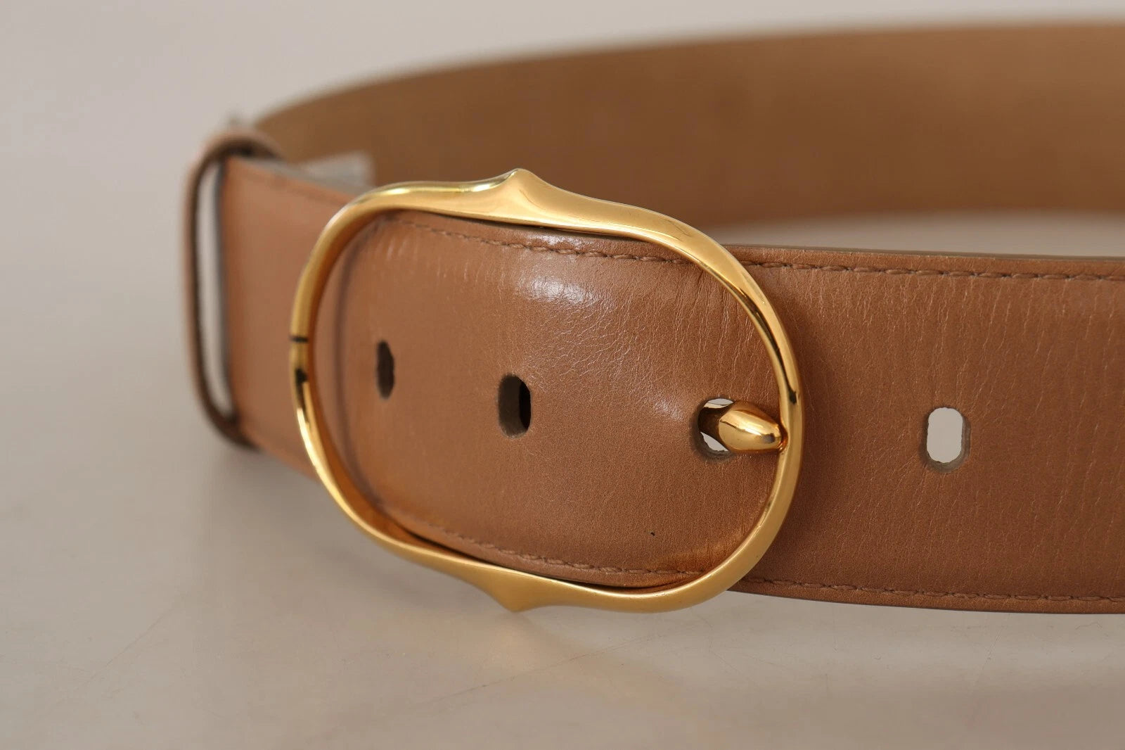 Costume National Brown Leather Gold Metal Oval Buckle Belt Glam Steals