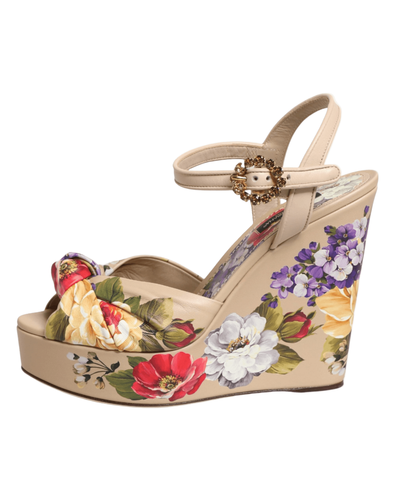 Dolce & Gabbana Beige Floral Ankle Strap Wedge Sandals Shoes Glam Steals
