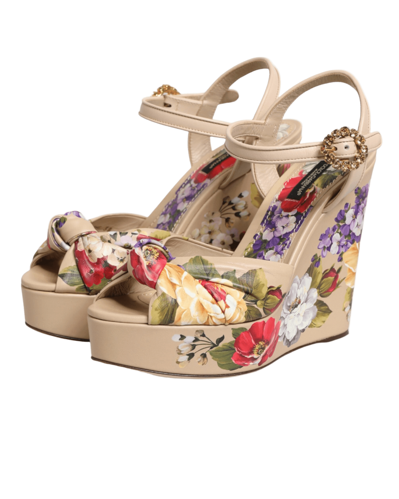 Dolce & Gabbana Beige Floral Ankle Strap Wedge Sandals Shoes Glam Steals