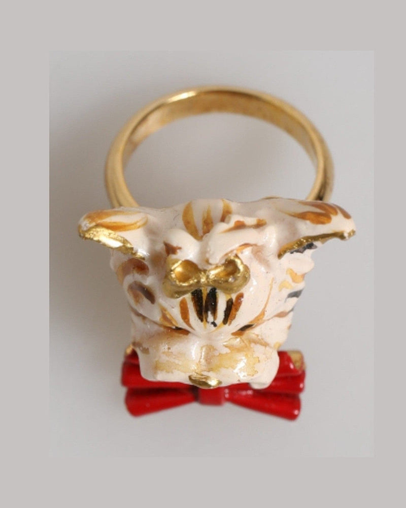 Dolce & Gabbana Beige Gold Brass Resin Dog Pet Accessory Ring Glam Steals