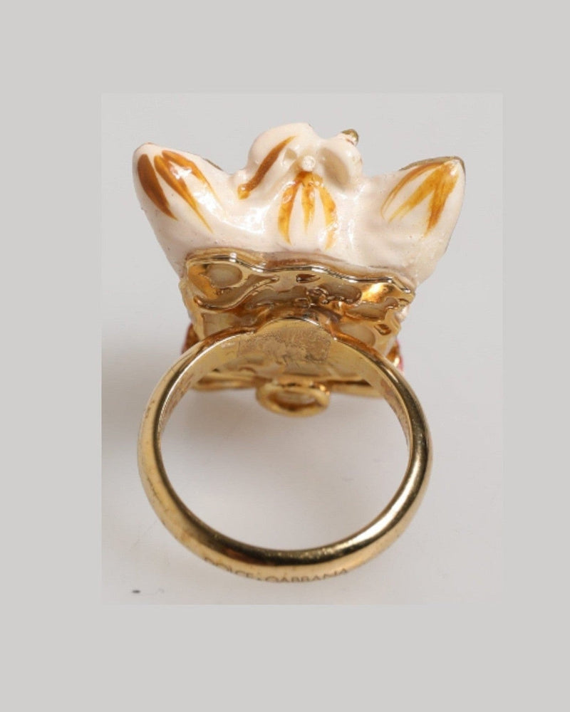 Dolce & Gabbana Beige Gold Brass Resin Dog Pet Accessory Ring Glam Steals
