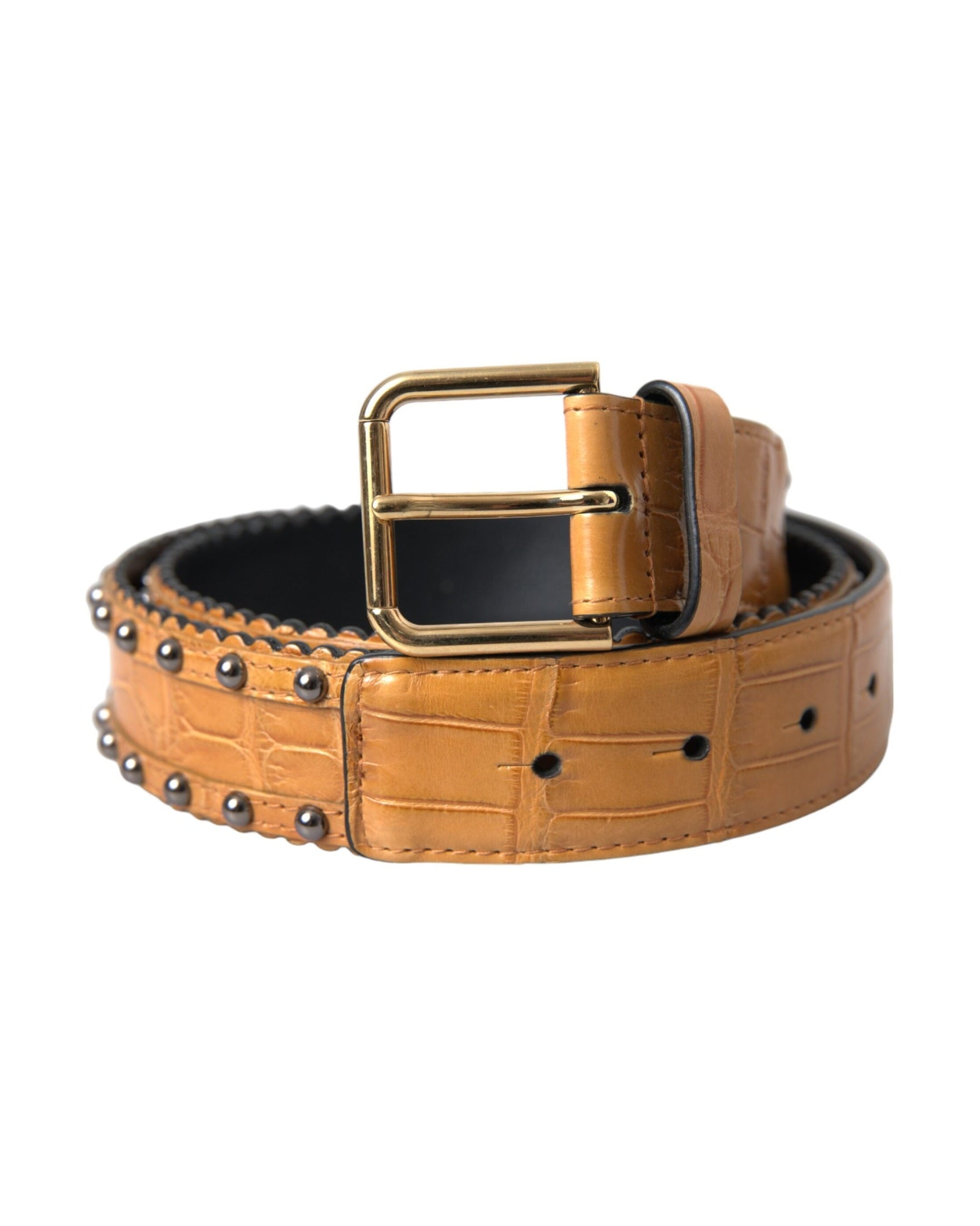 Dolce & Gabbana Beige Leather Alligator Studded Metal Buckle Belt Belts