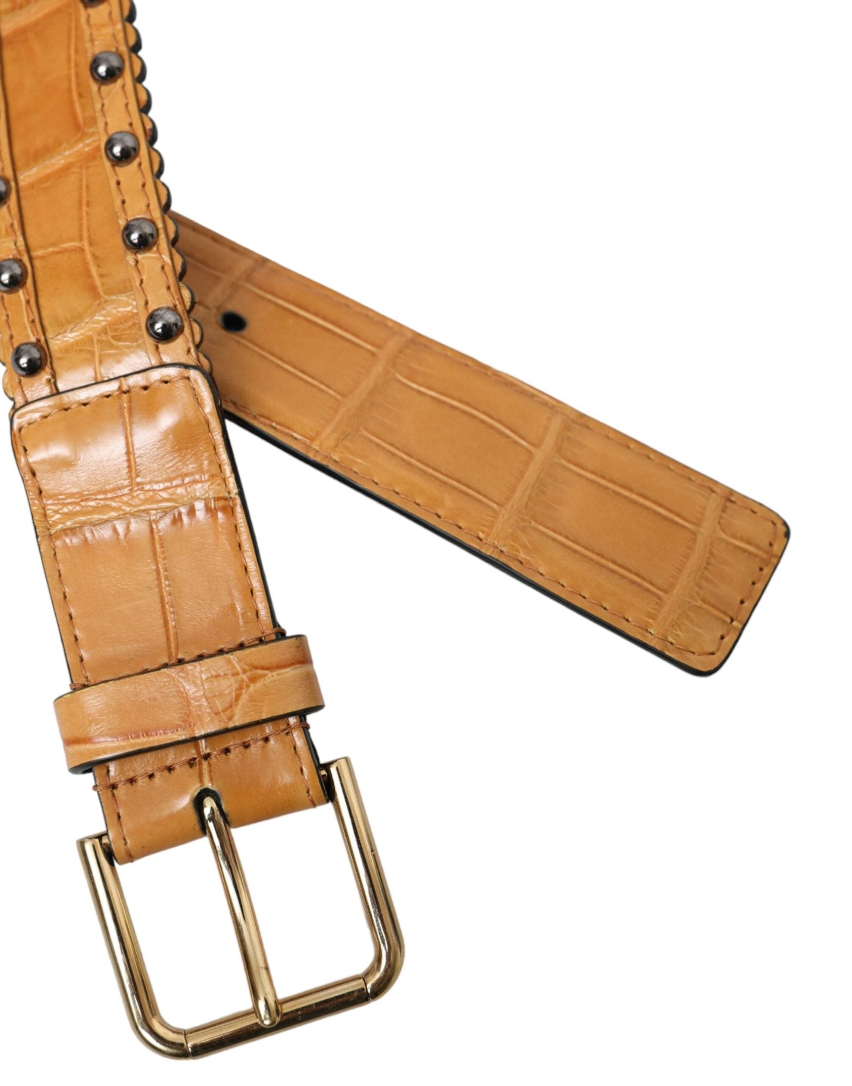 Dolce & Gabbana Beige Leather Alligator Studded Metal Buckle Belt Belts