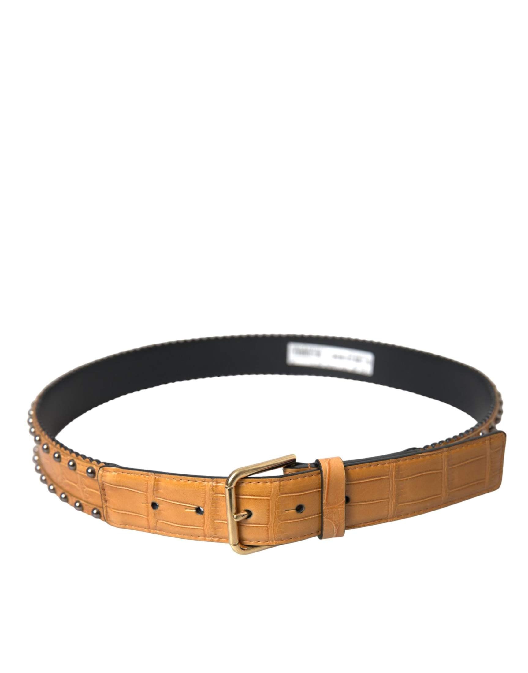 Dolce & Gabbana Beige Leather Alligator Studded Metal Buckle Belt Belts