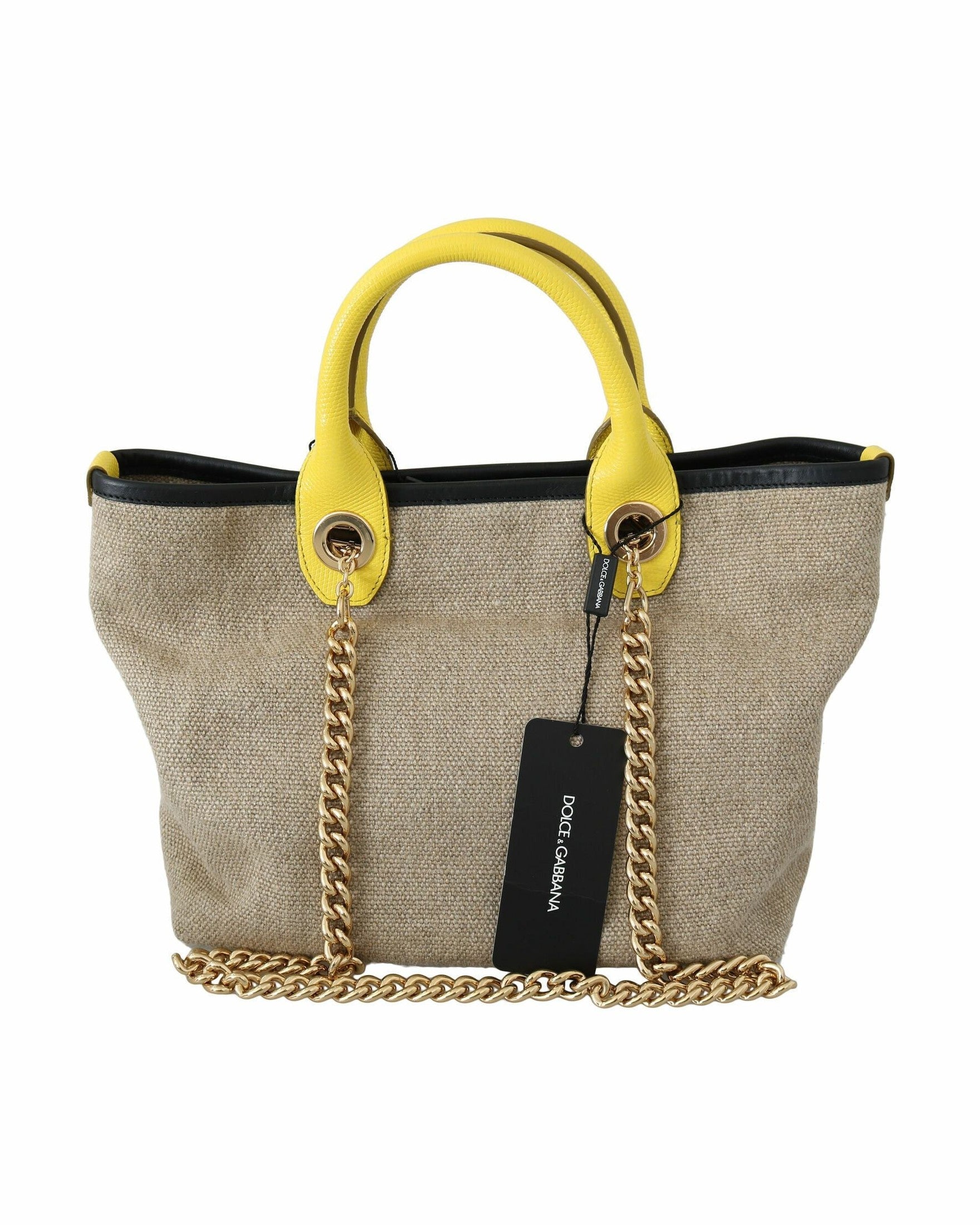 Dolce & Gabbana Beige Linen Calf Tote With Gold Chain Glam Steals