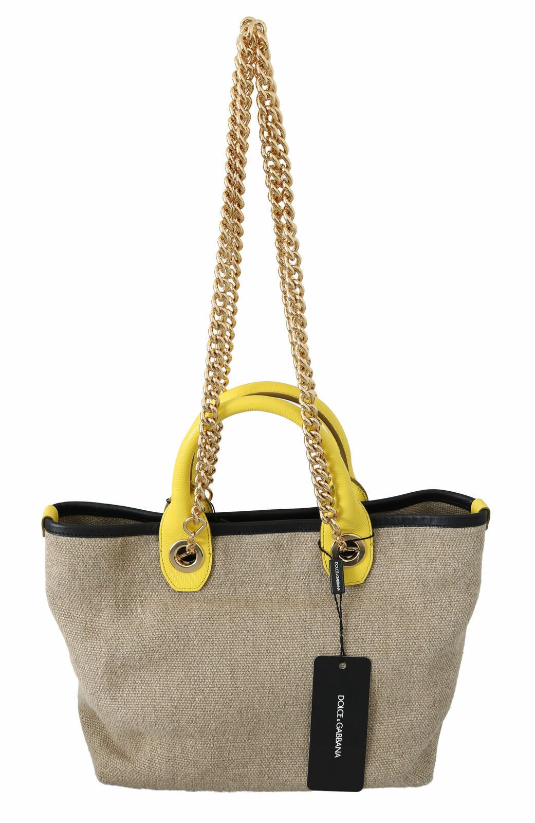 Dolce & Gabbana Beige Linen Calf Tote With Gold Chain Glam Steals