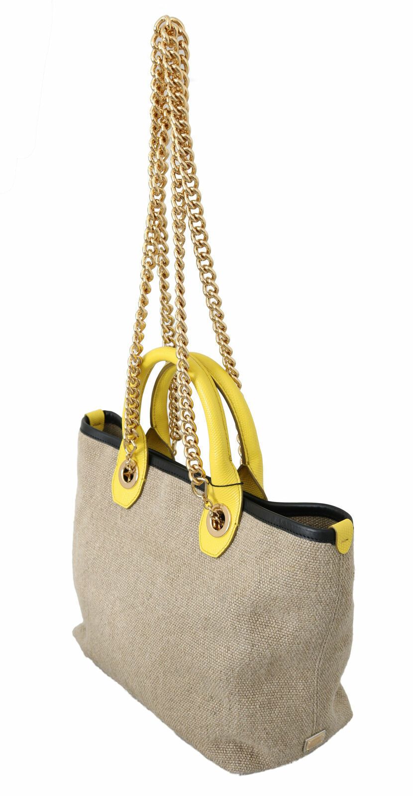Dolce & Gabbana Beige Linen Calf Tote With Gold Chain Glam Steals