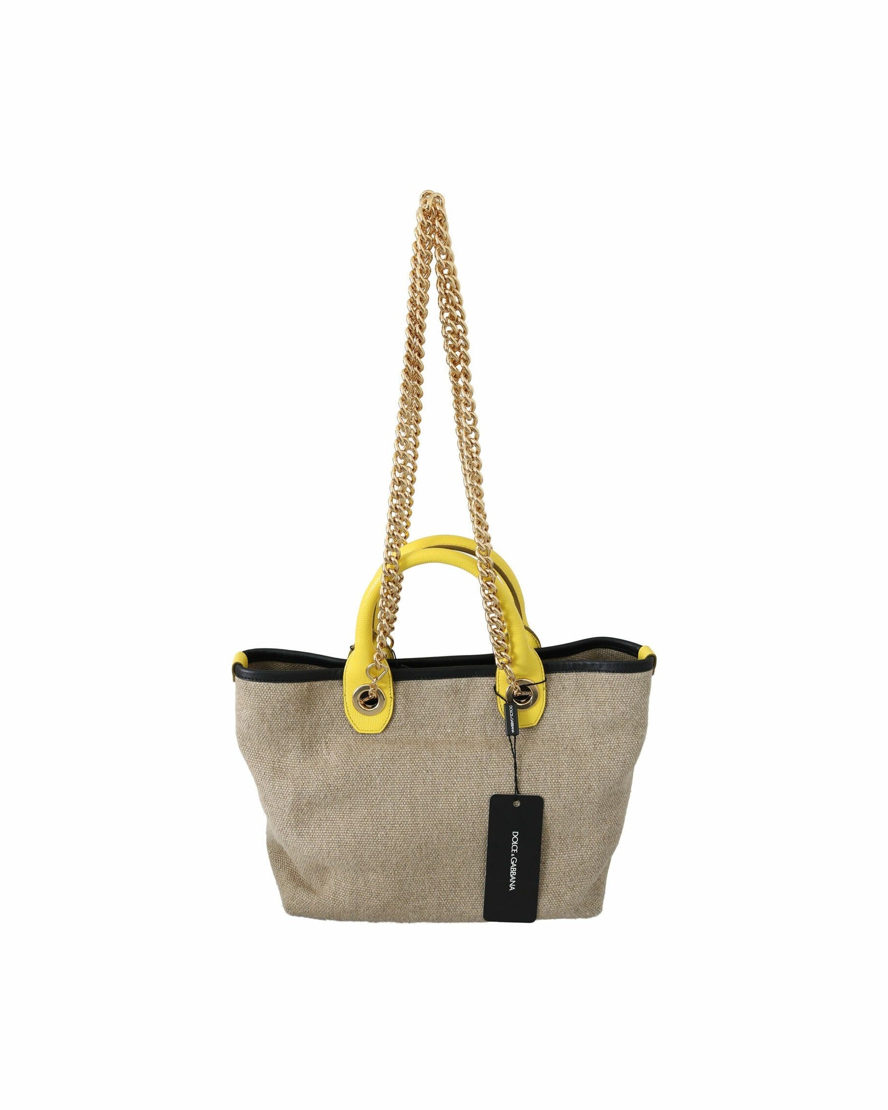 Dolce & Gabbana Beige Linen Calf Tote With Gold Chain Glam Steals