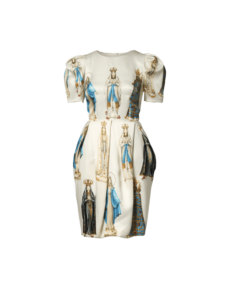 Dolce & Gabbana Beige Silk Madonne Print Short Sleeve Dress Glam Steals