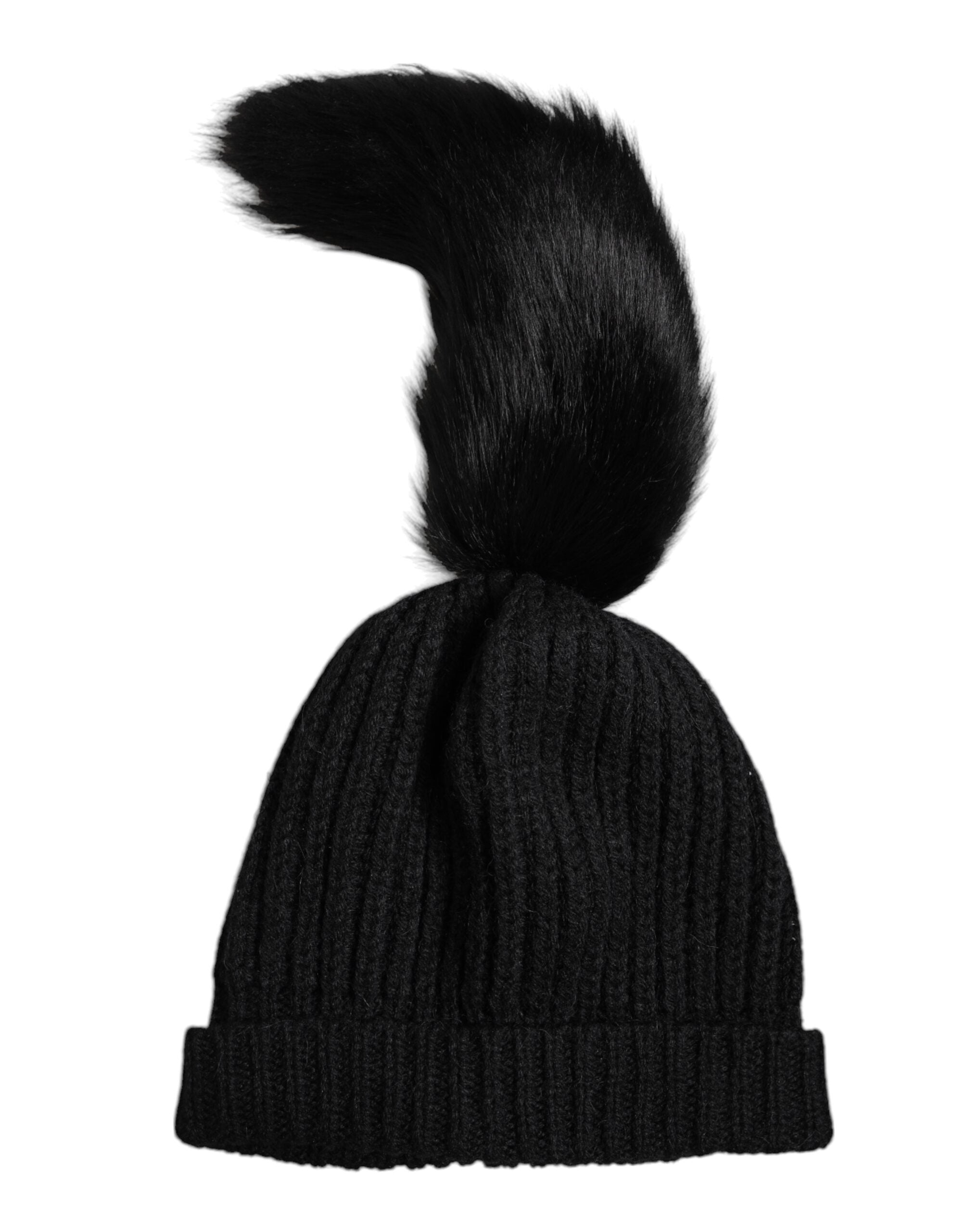 Dolce & Gabbana Black Acrylic Knitted Fur Winter Beanie Hat Glam Steals