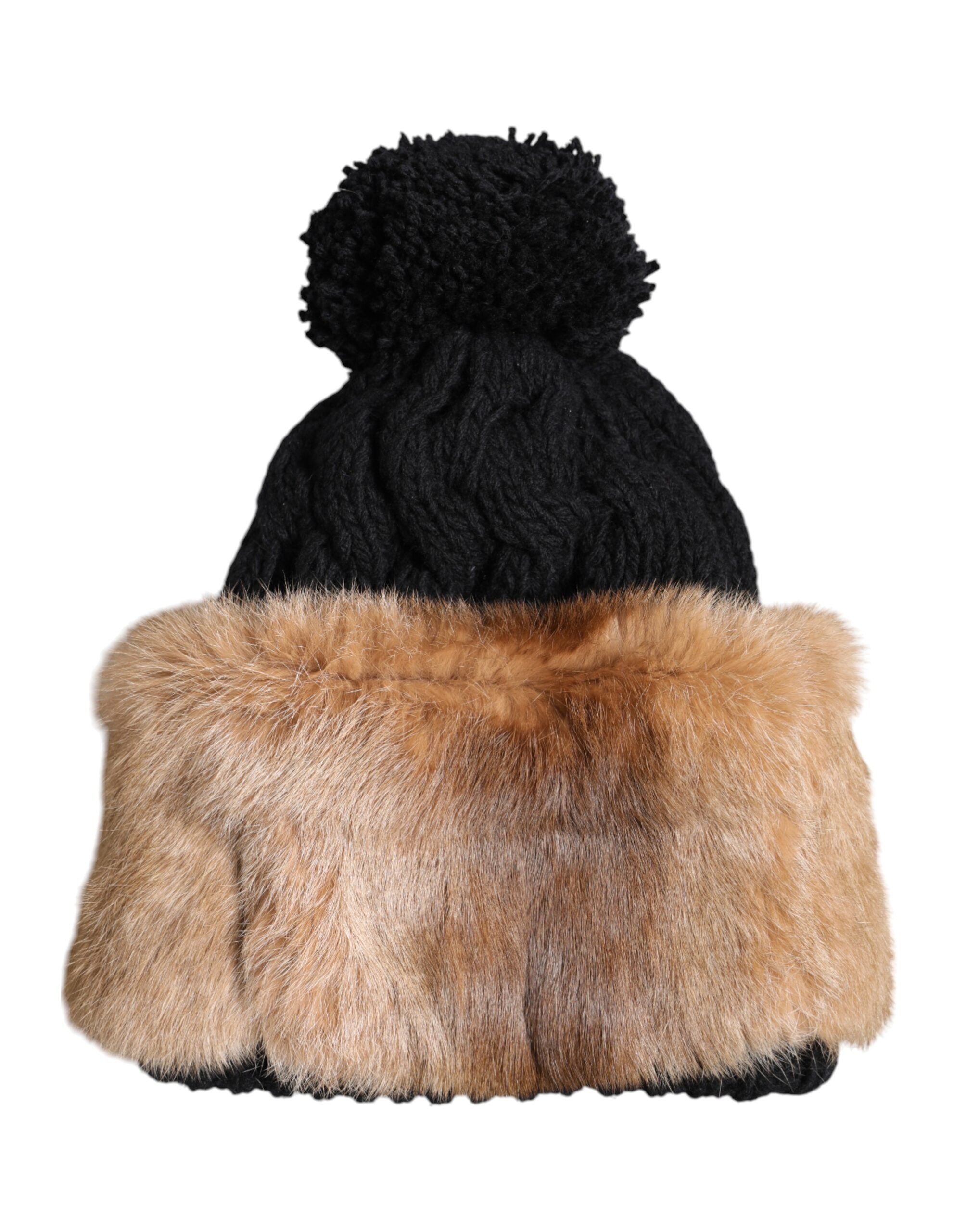 Dolce & Gabbana Black Brown Dyed Rabbit Real Fur Winter Beanie Hat Glam Steals