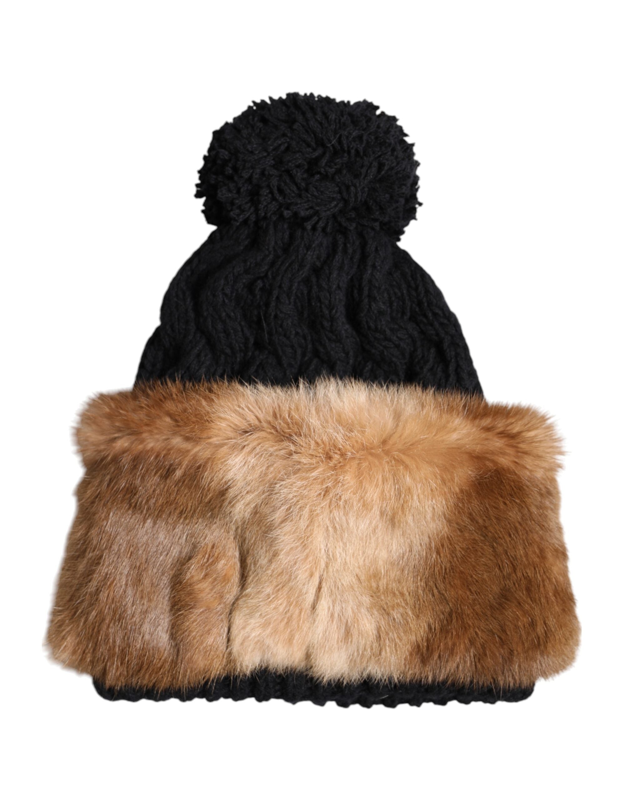 Dolce & Gabbana Black Brown Dyed Rabbit Real Fur Winter Beanie Hat Glam Steals