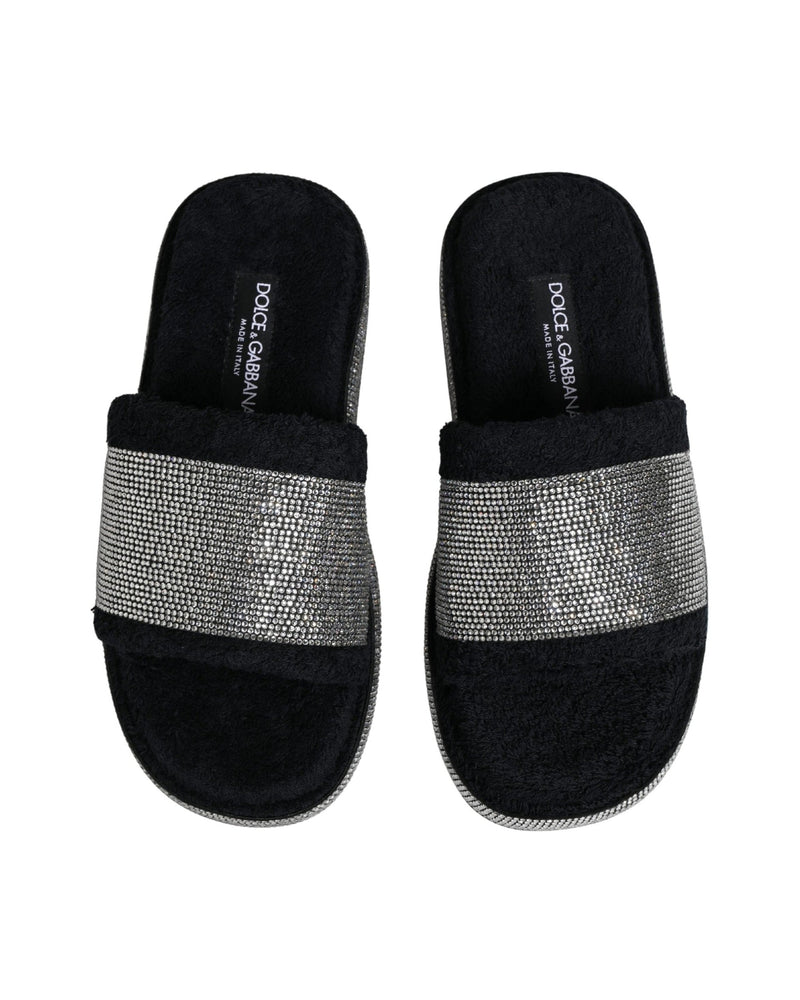 Dolce & Gabbana Black Crystal Embellished Platform Slides Shoes 