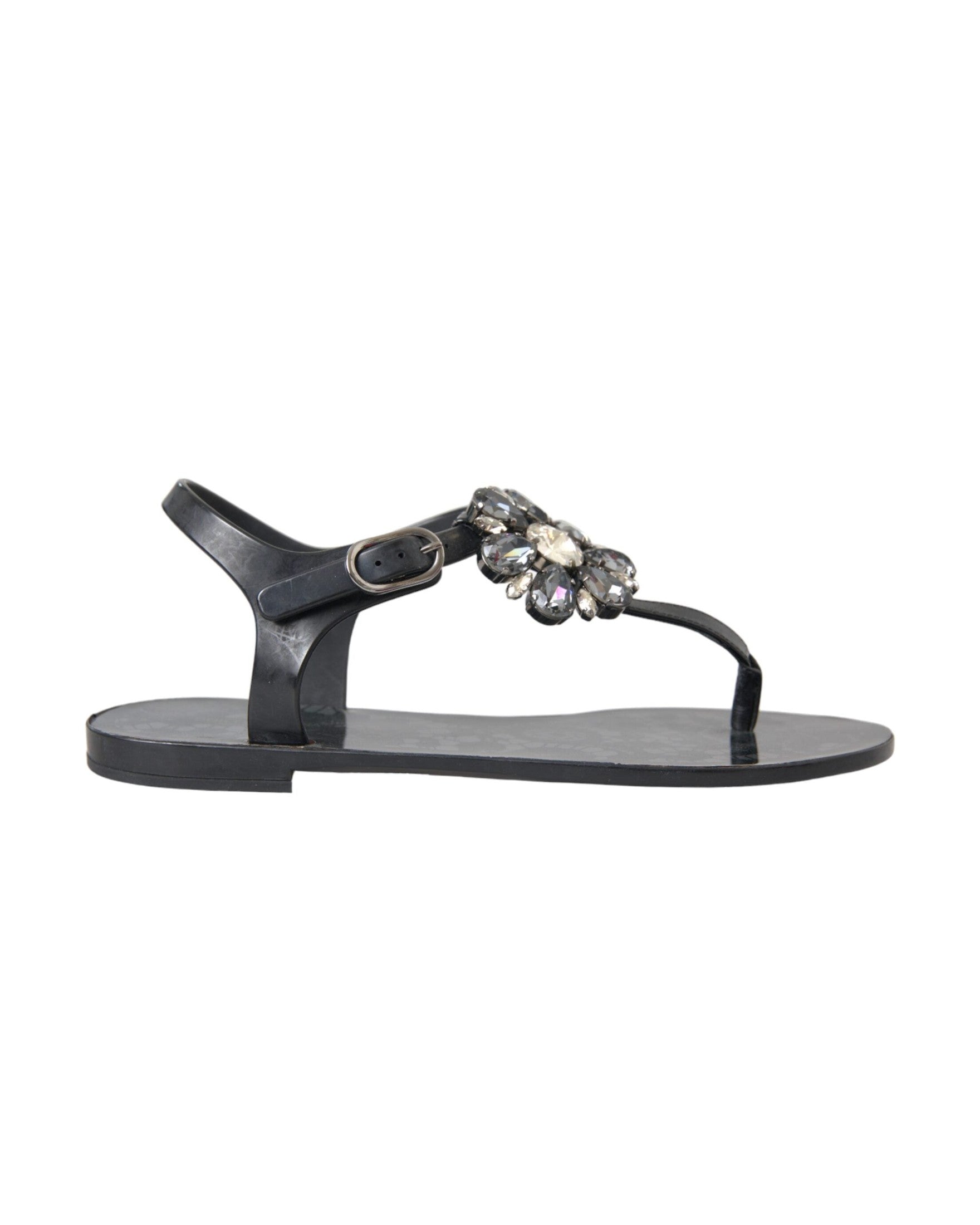 Dolce & Gabbana Black Crystal Flats Sandals Flip Flops Shoes Glam Steals