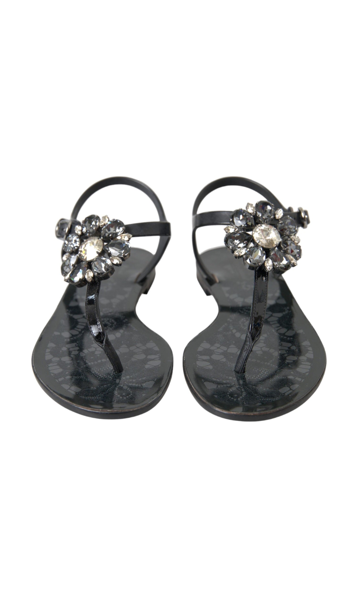 Dolce & Gabbana Black Crystal Flats Sandals Flip Flops Shoes Glam Steals