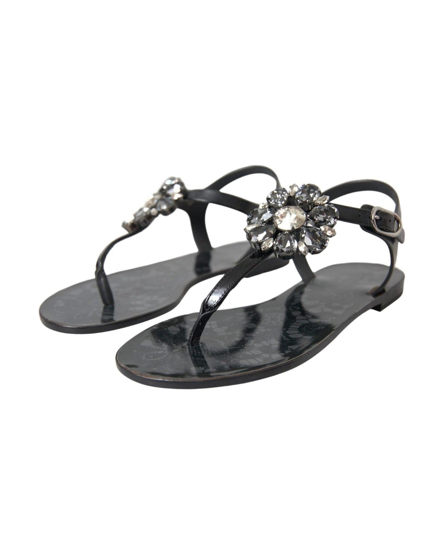 Dolce & Gabbana Black Crystal Flats Sandals Flip Flops Shoes Glam Steals