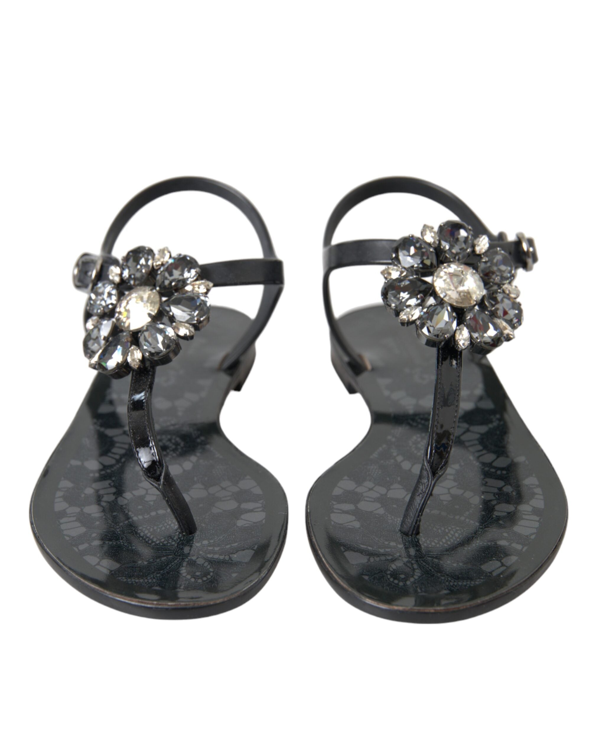 Dolce & Gabbana Black Crystal Flats Sandals Flip Flops Shoes Glam Steals