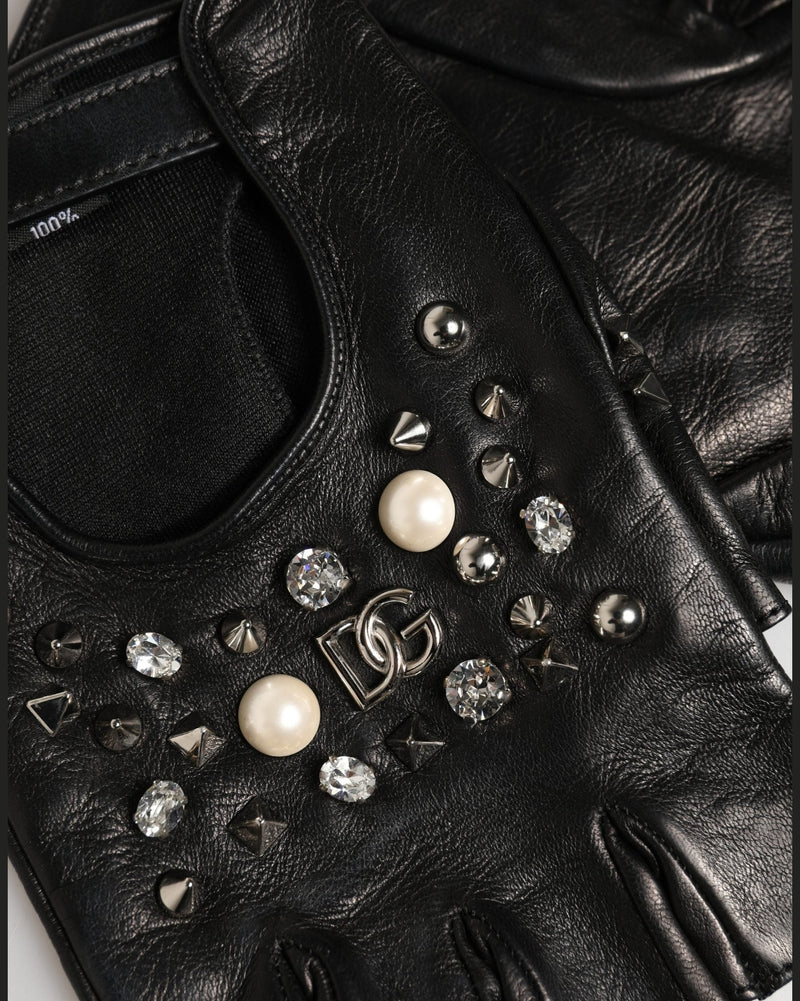 Dolce & Gabbana Black Embellished Wrist Length Mitten Gloves 