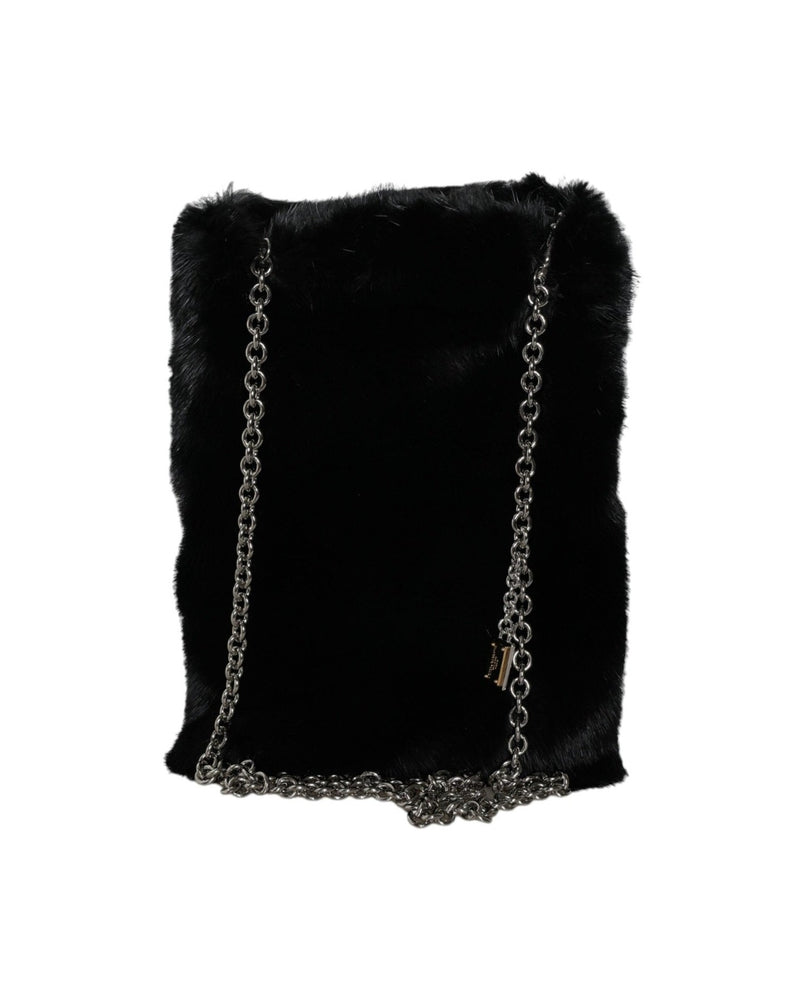 Dolce & Gabbana Faux Fur Chain Crossbody Shoulder Purse Black Silver Bag Glam Steals