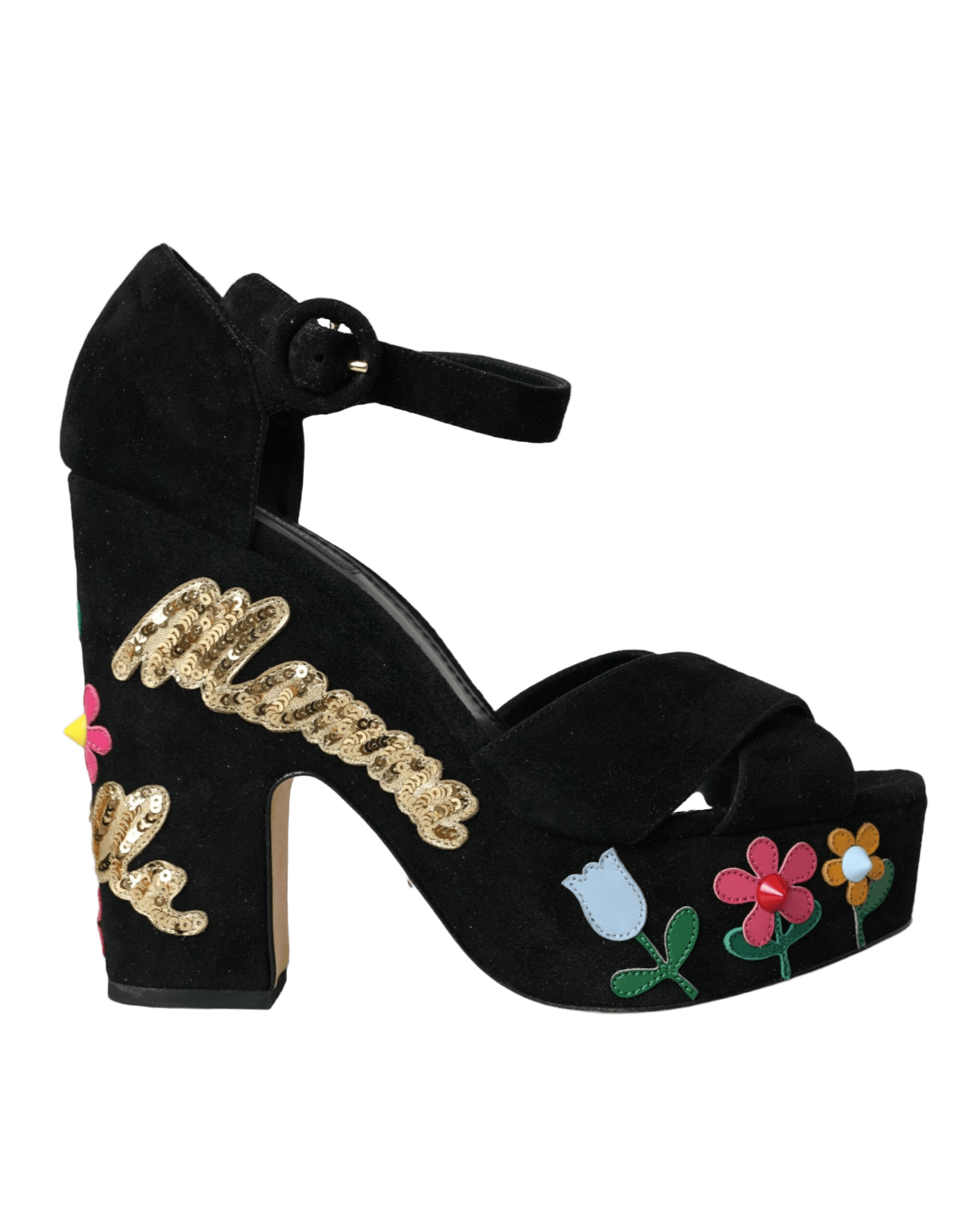 Dolce & Gabbana Black Floral Ankle Strap Heels Sandals Shoes Glam Steals
