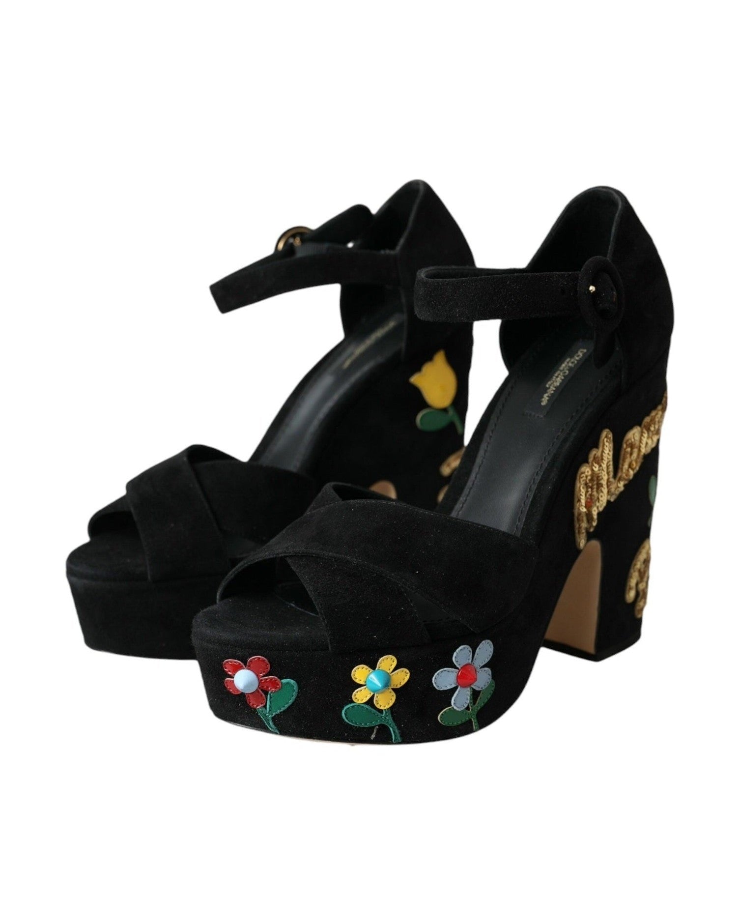 Dolce & Gabbana Black Floral Ankle Strap Heels Sandals Shoes Glam Steals