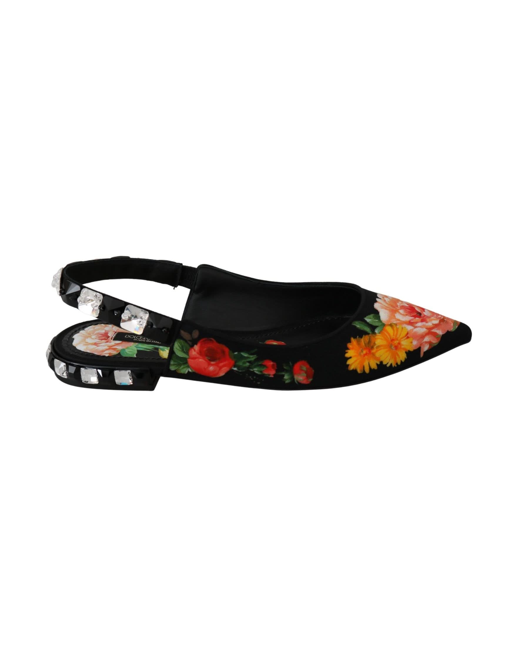 Dolce & Gabbana Black Floral Crystal Slingbacks Flats Flats
