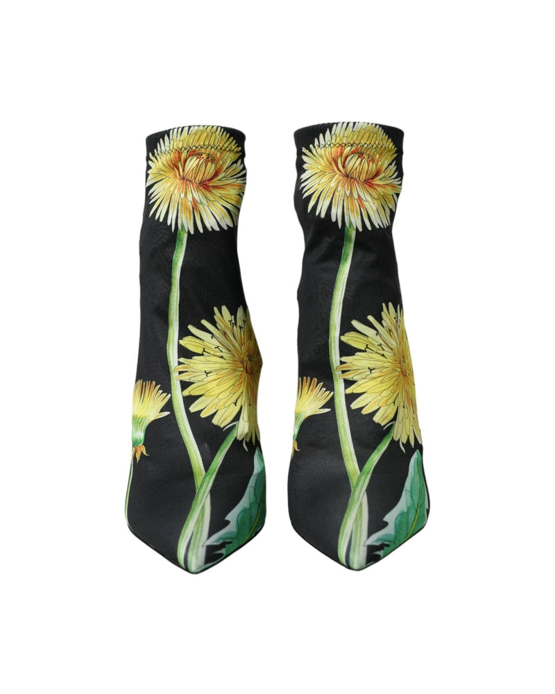 Dolce & Gabbana Black Floral Jersey Stretch Ankle Boots Shoes Boots