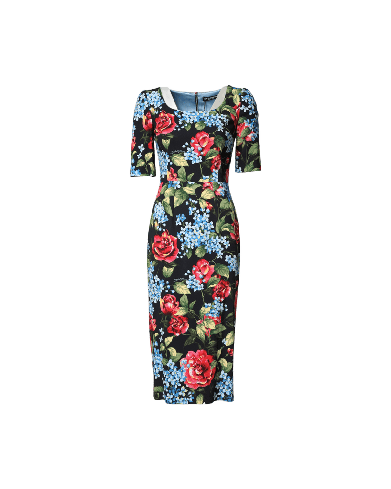 Dolce & Gabbana Black Floral Print Viscose Sheath Midi Dress Glam Steals