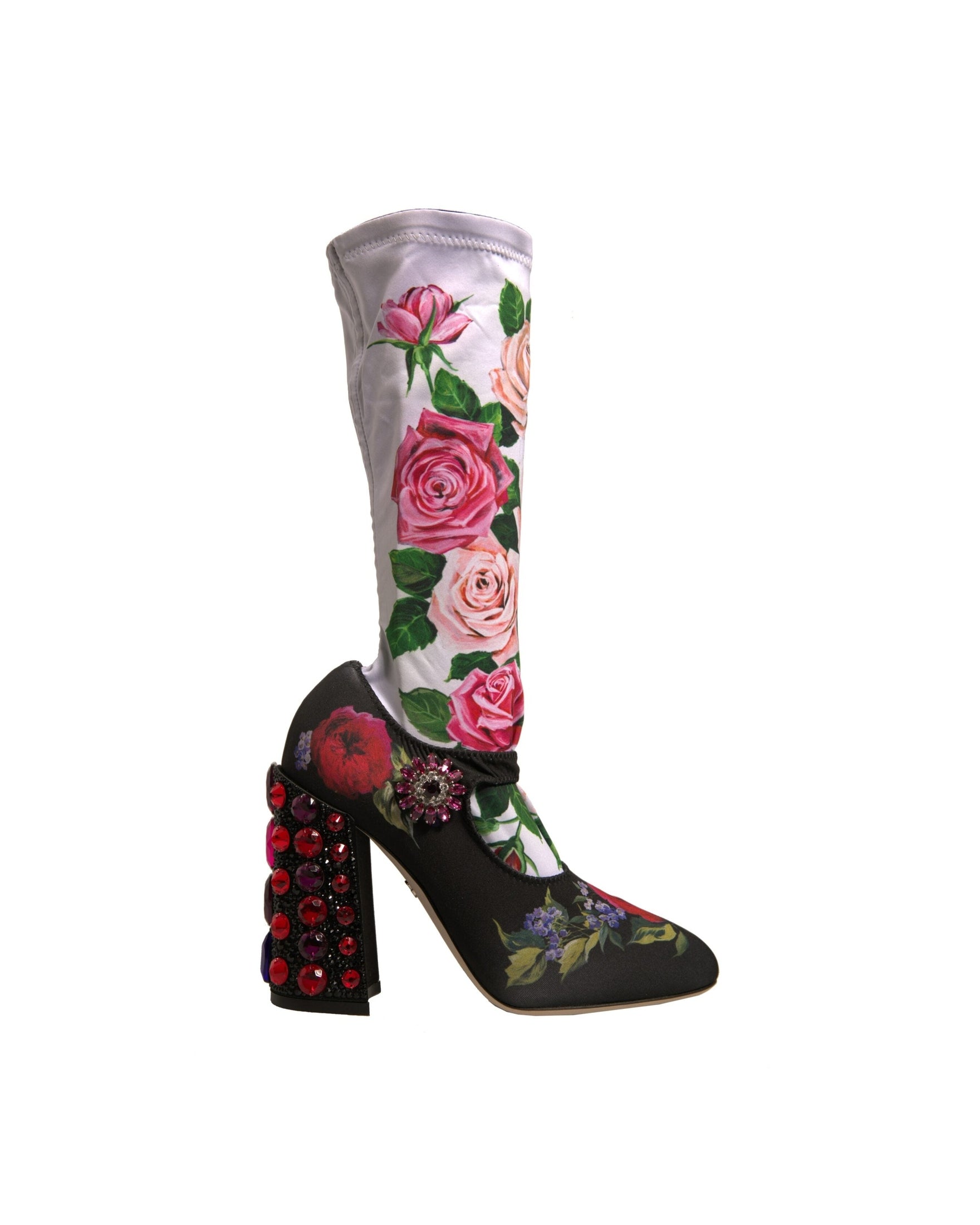 Dolce & Gabbana Black Floral Socks Crystal Boots Jersey Shoes Glam Steals
