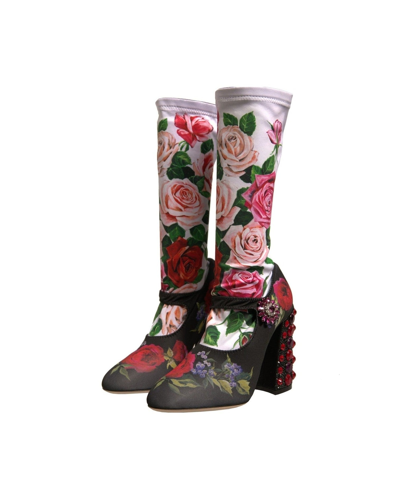 Dolce & Gabbana Black Floral Socks Crystal Boots Jersey Shoes Glam Steals