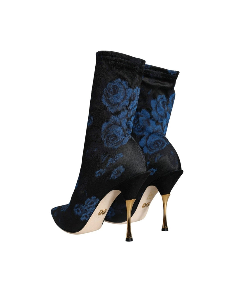 Dolce & Gabbana Black Floral Stretch Mid Calf Boots Shoes Glam Steals