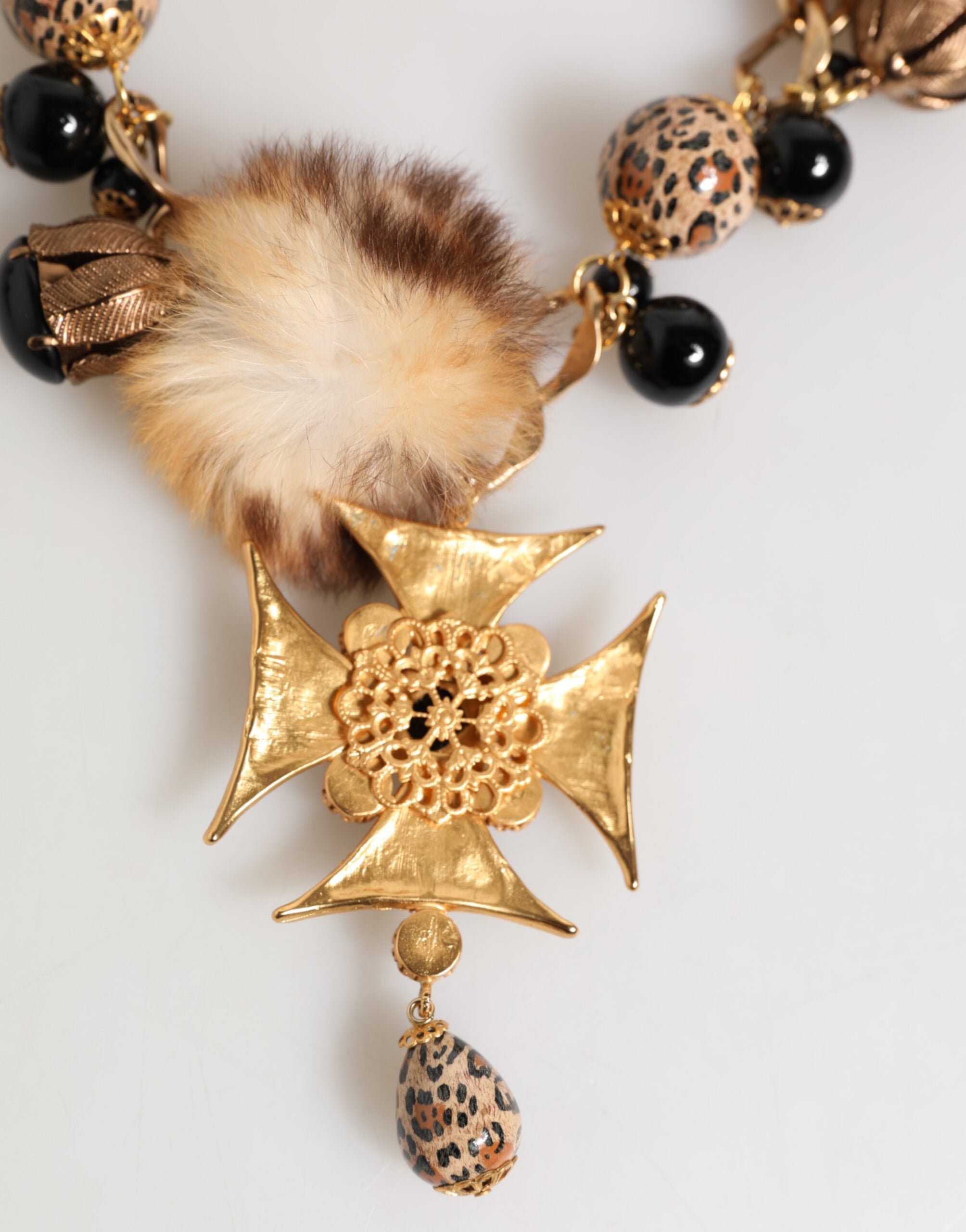 Dolce & Gabbana Black Gold Crystals Lapin Fur Filigree Choker Necklace Glam Steals