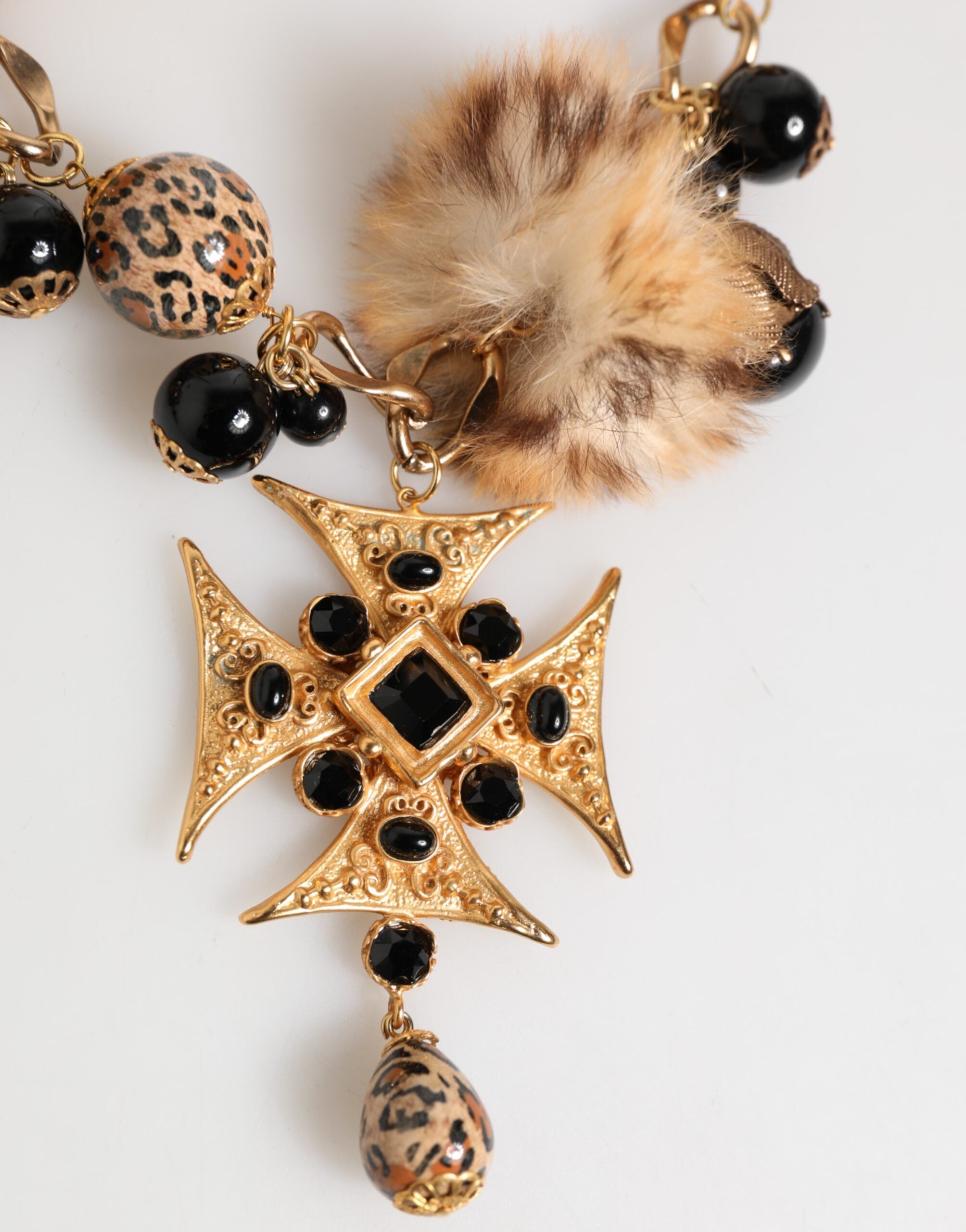Dolce & Gabbana Black Gold Crystals Lapin Fur Filigree Choker Necklace Glam Steals