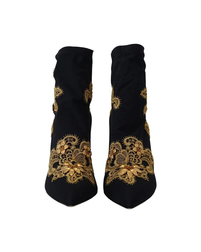 Dolce & Gabbana Black Gold Embroidery Crystal Boots Shoes Glam Steals