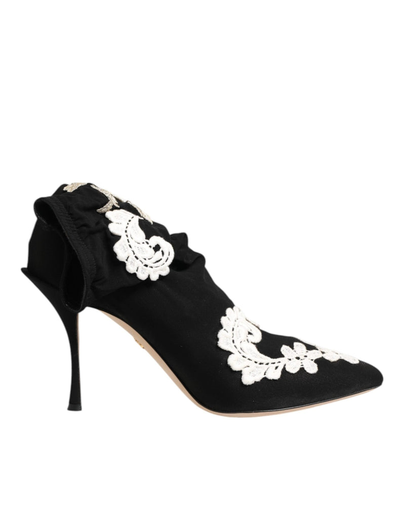 Dolce & Gabbana Black Jersey White Embroidered Stiletto Boots Shoes Glam Steals