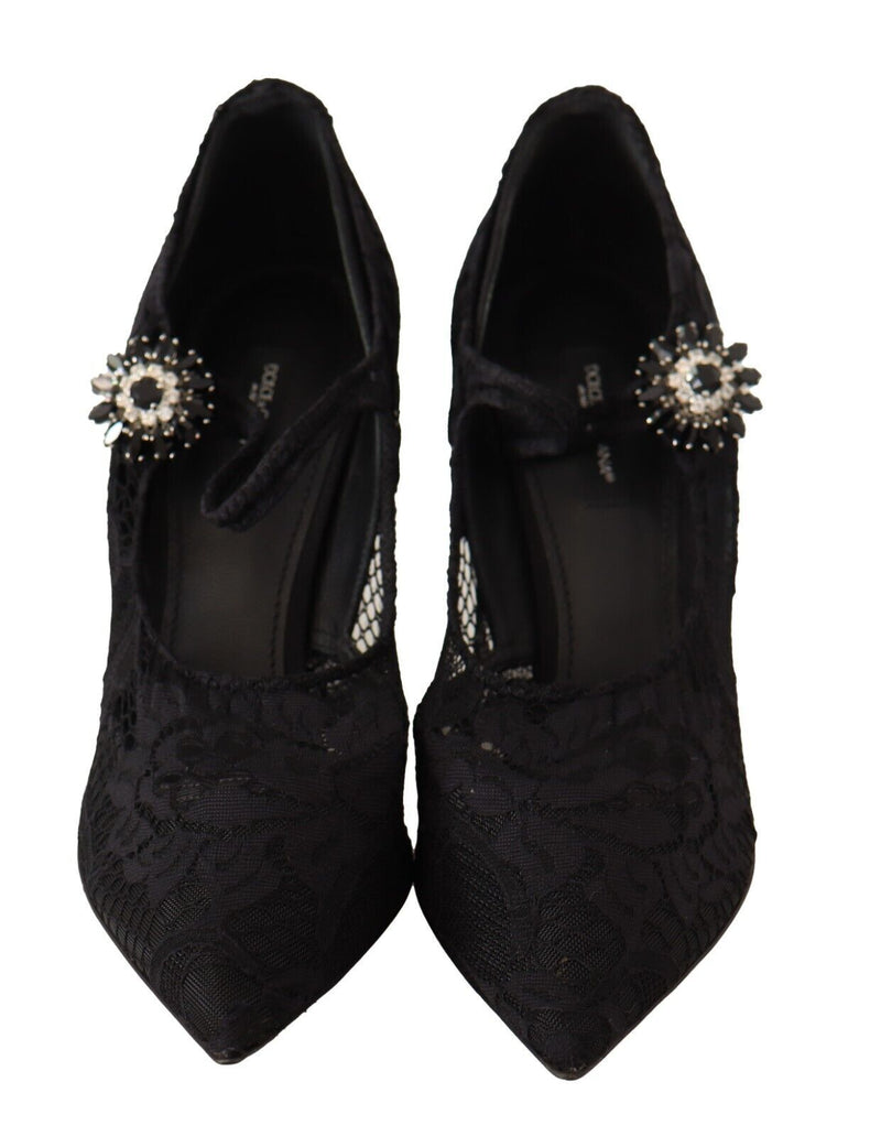 Dolce & Gabbana Black Lace Crystals Heels Mary Jane Pumps Shoes Glam Steals
