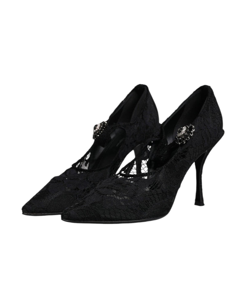 Dolce & Gabbana Black Lace Crystals Mary Jane Pumps Shoes Glam Steals
