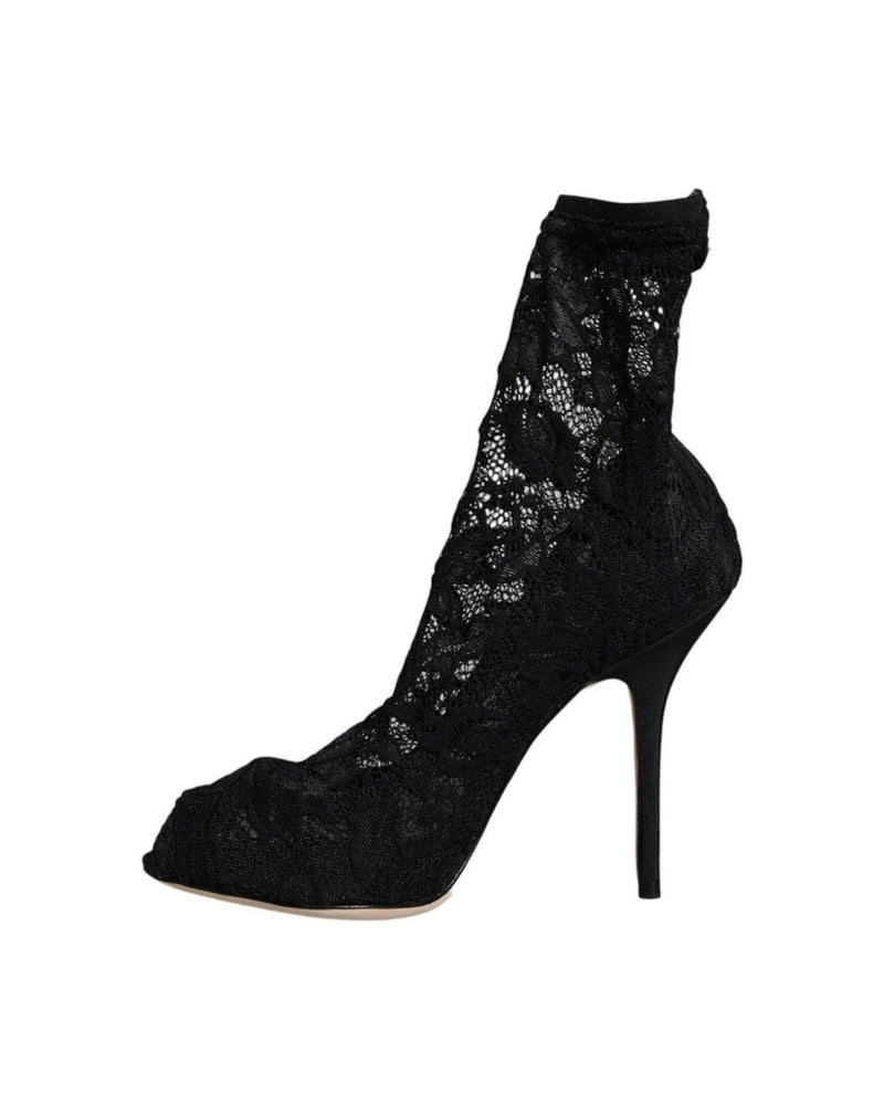 Dolce & Gabbana Black Lace Stretch Heels Mid Calf Boot Shoes Boots