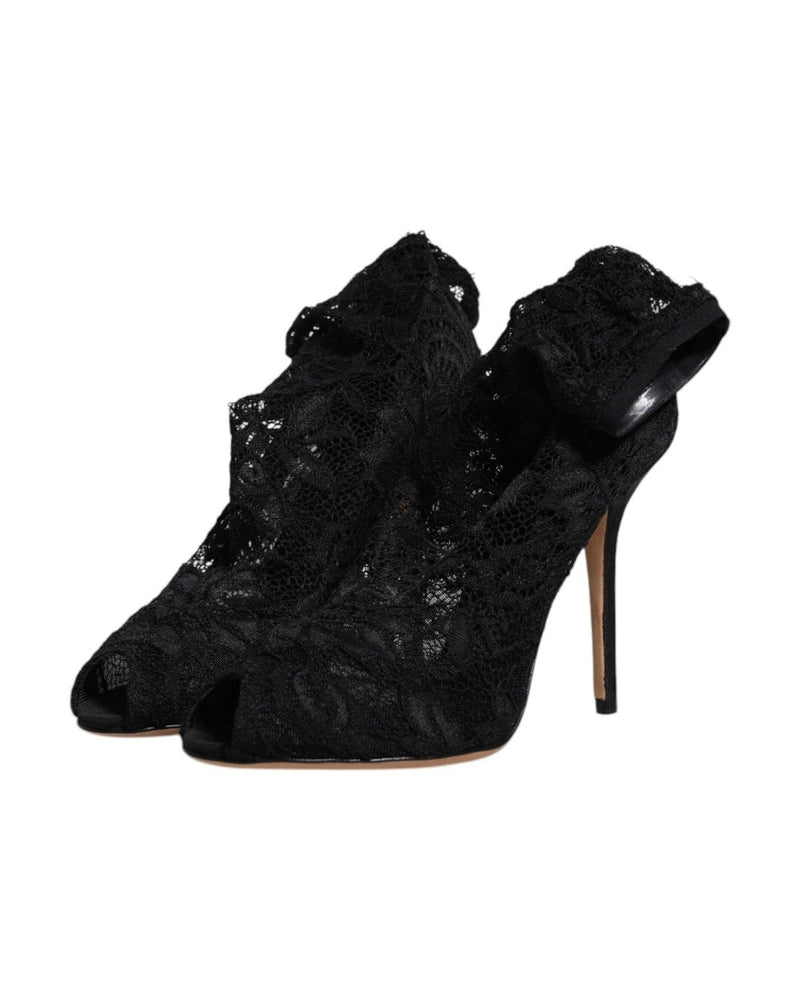 Dolce & Gabbana Black Lace Stretch Heels Mid Calf Boots Shoes Boots