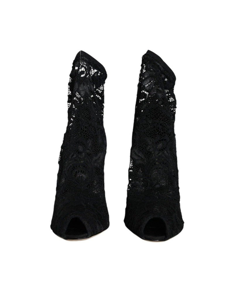 Dolce & Gabbana Black Lace Stretch Heels Mid Calf Boot Shoes Boots