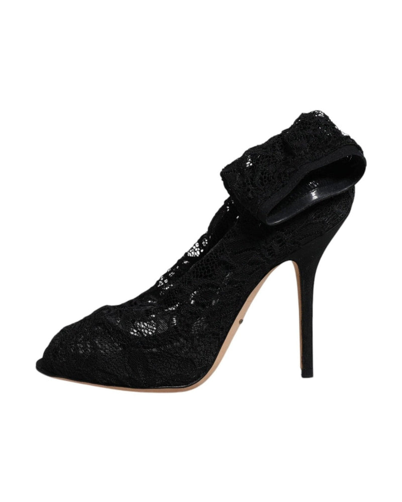 Dolce & Gabbana Black Lace Stretch Heels Mid Calf Boots Shoes Boots