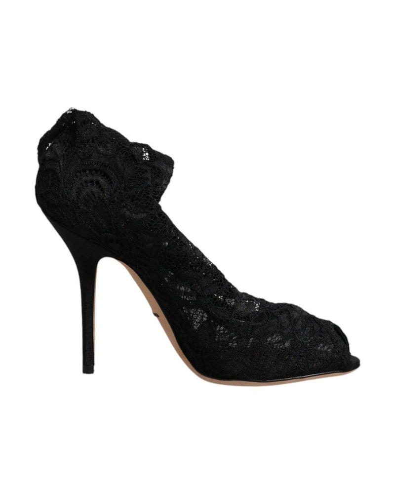 Dolce & Gabbana Black Lace Stretch Heels Mid Calf Boots Shoes Glam Steals